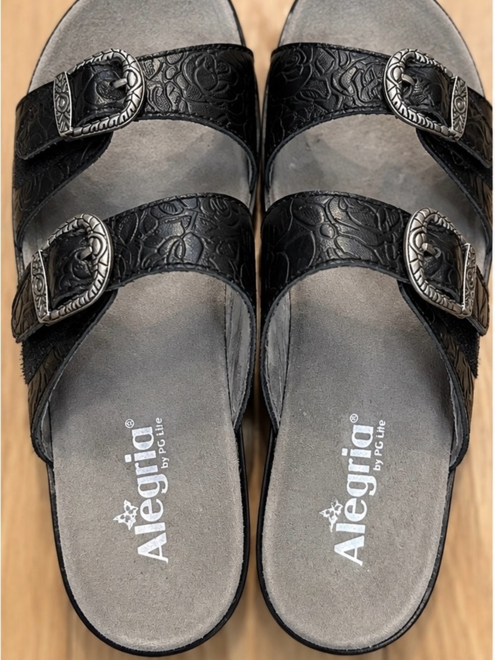 🚨Alegria Black Embossed Leather Slide Sandals Double Buckle EU38/US 7.5-8